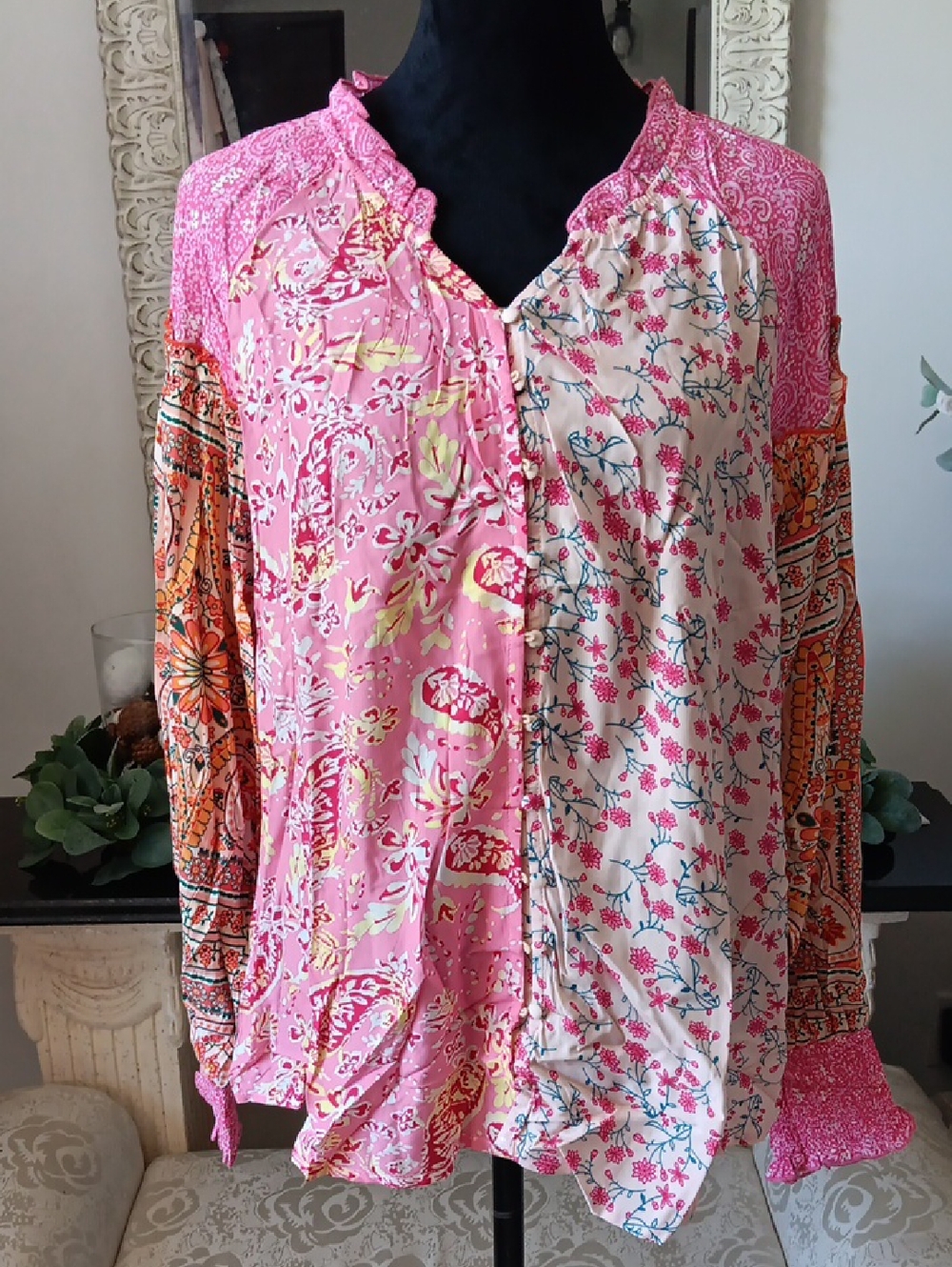 Pink Mixed-Print Button Front Women's Blouse